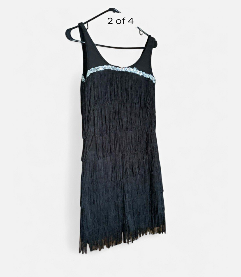 Spirit Black & Silver Sequined Fringe 1920s Flapper Costume Dress, Size S/M Spirit Black & Silver Sequined Fringe 1920s Flapper Costume Dress, Size S/M