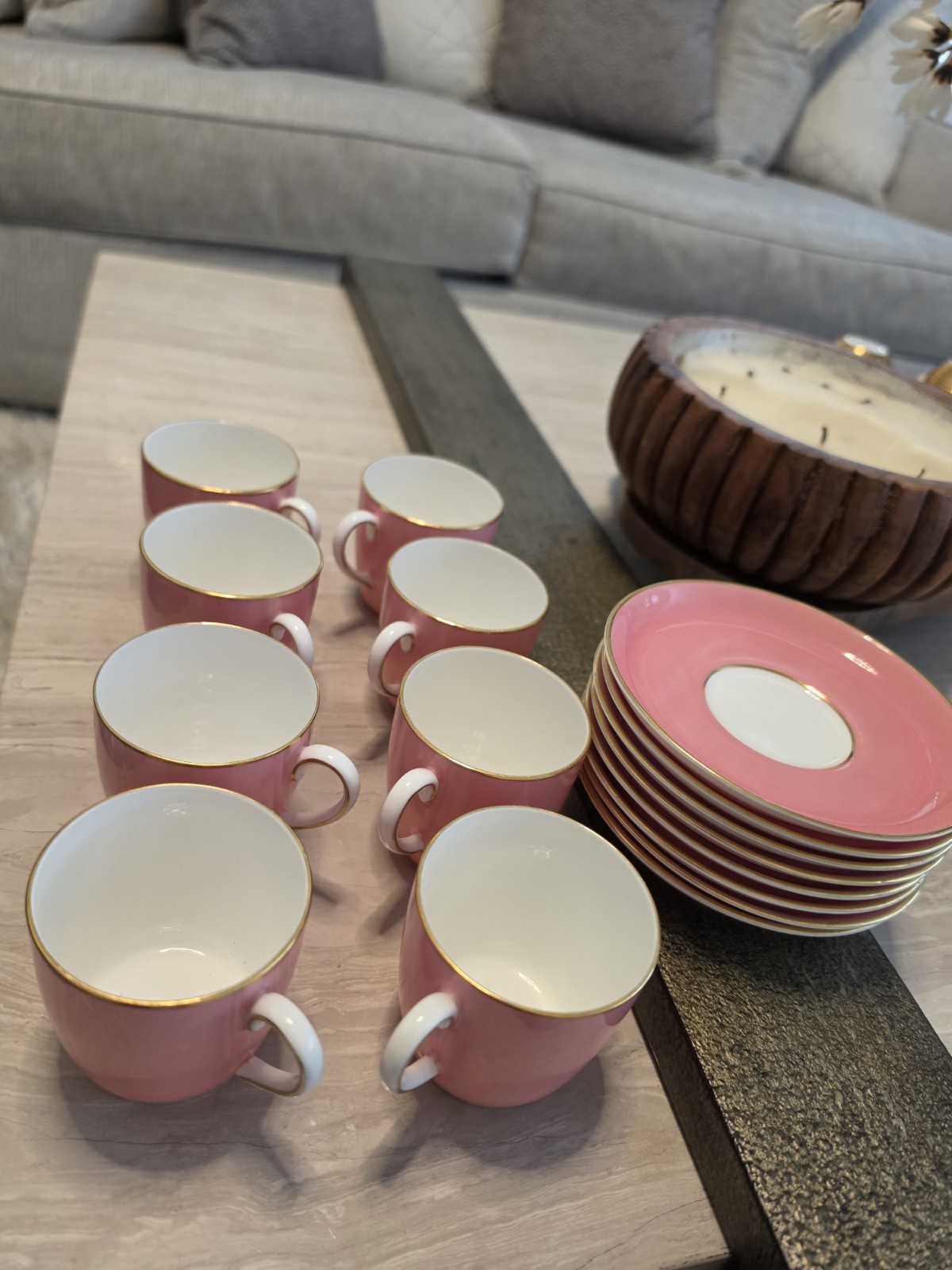 Vintage Cauldon England Pink Gold Demitasse Cups Saucers 8 Sets 16 Pieces
