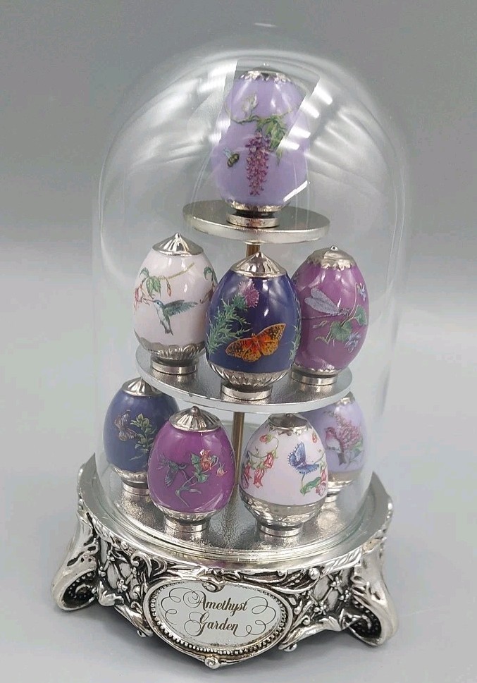 House of Faberge Amethyst Garden / 8 Miniature Eggs w/ Metal Stand & Dome *READ* House of Faberge Amethyst Garden / 8 Miniature Eggs w/ Metal Stand & Dome *READ*