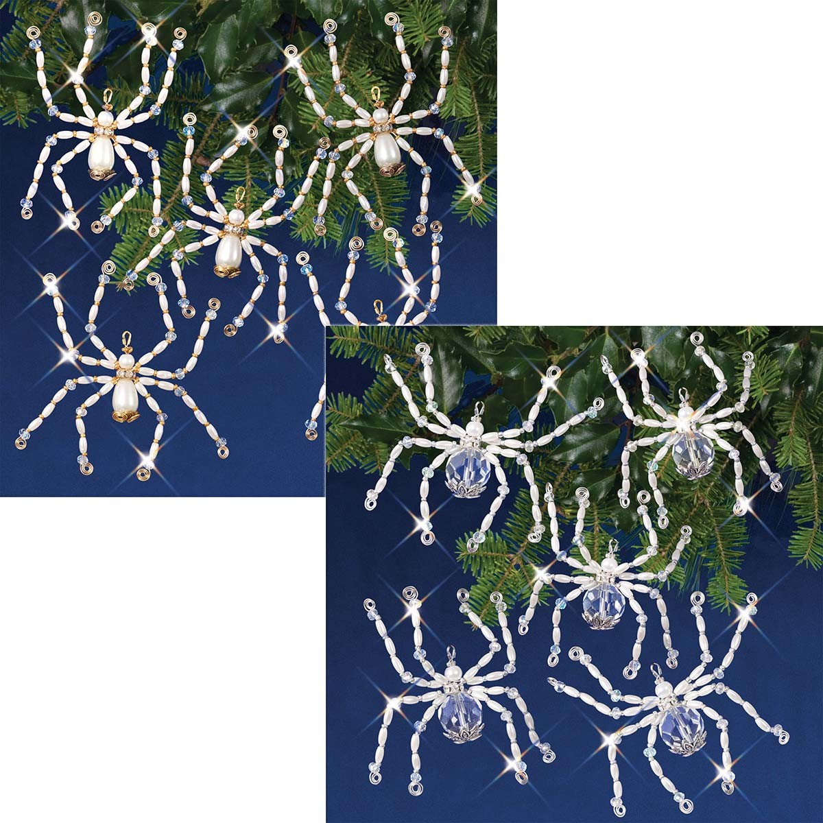 Solid Oak Silver & Gold Spider Beaded, Set of 2 Ornament Kit