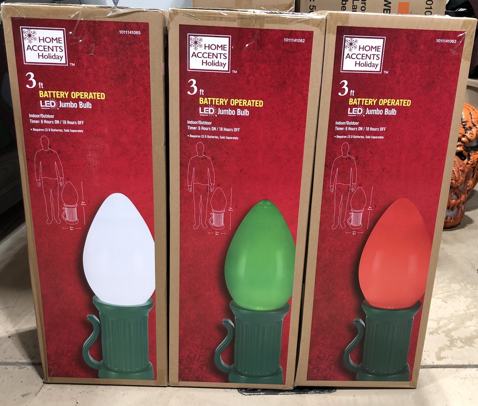 3 Home Accents Christmas 3ft Battery Operated LED Jumbo Bulbs Red Green White