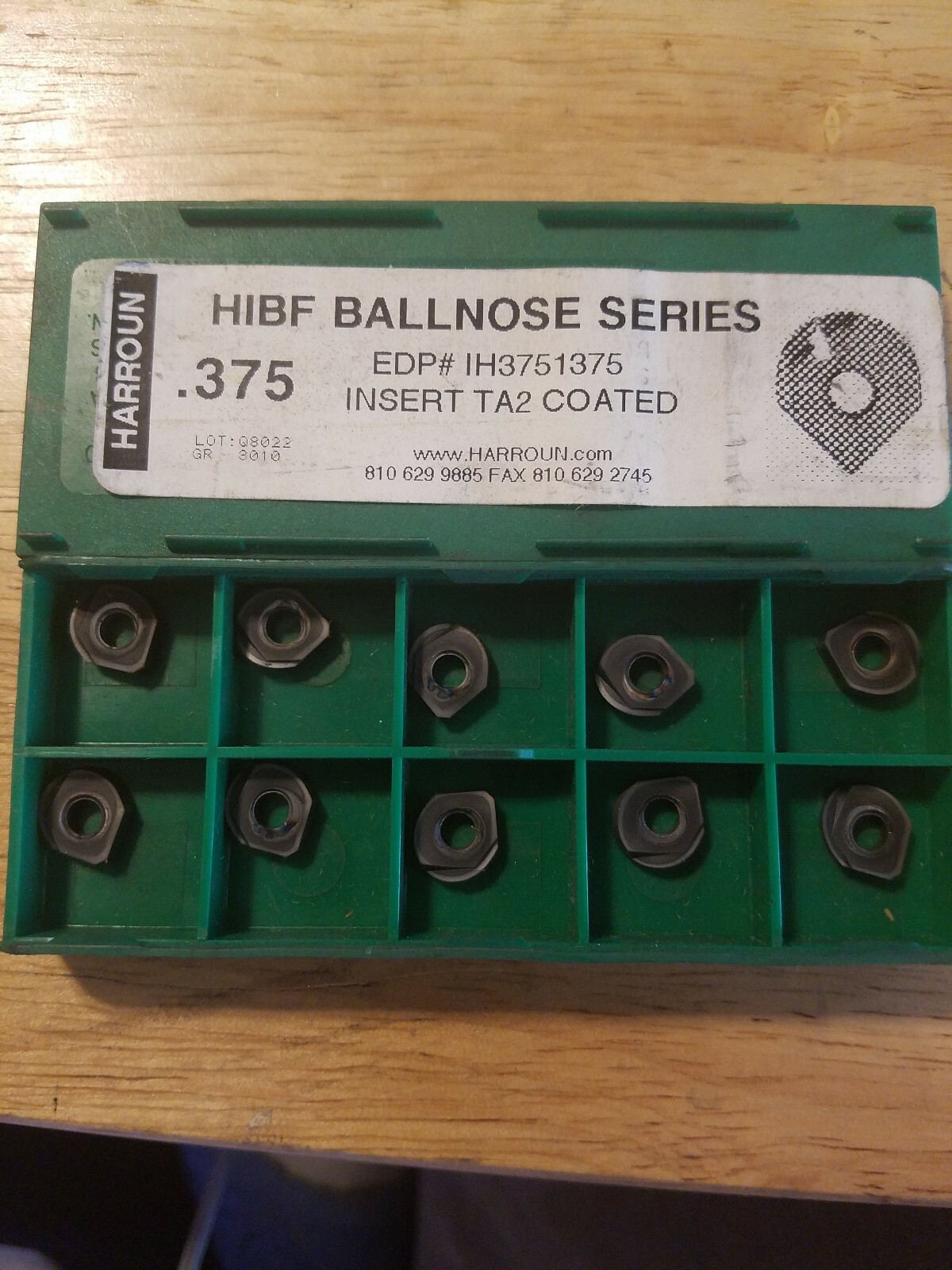 9pcs, Harroun,  0.375, EDP# IH3751375, TA2, Coated HIBF Ballnose Inserts (3D5)
