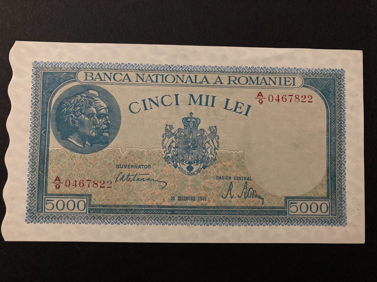 1945 Romania 5,000 Lei A/9 0467822 High Quality. 1945 Romania 5,000 Lei A/9 0467822 High Quality.