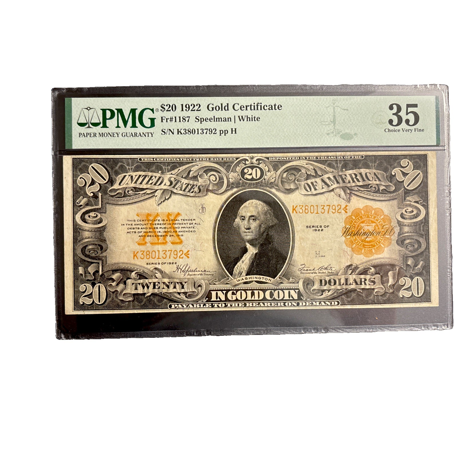 FR. 1187 1922 $20 Gold Certificate PMG Choice VF35 -Large Size Serial #K38013792 FR. 1187 1922 $20 Gold Certificate PMG Choice VF35 -Large Size Serial #K38013792