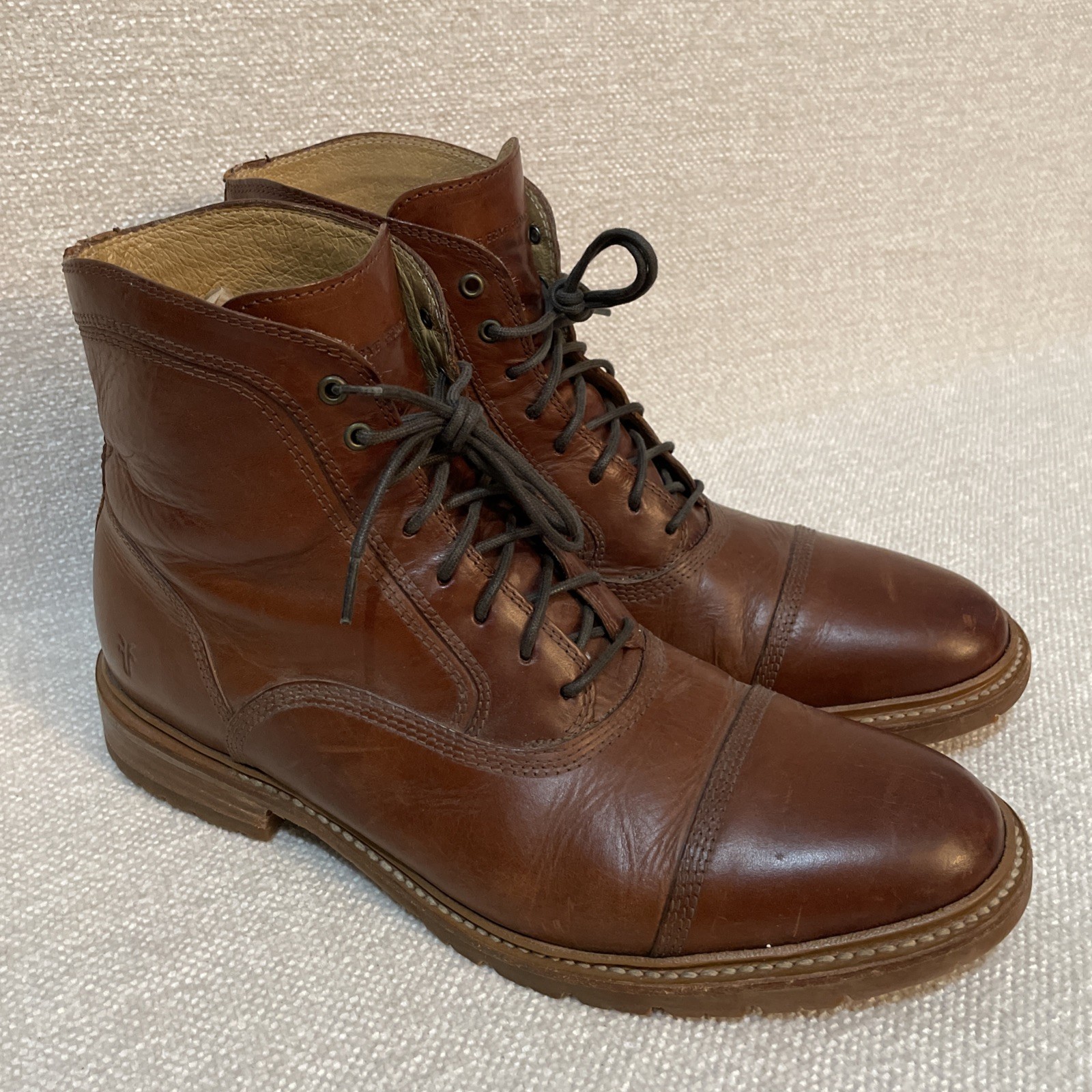 Frye Men’s Bowery Boot Cognac Brown Leather Lace Up Size 11.5 D Good Condition 