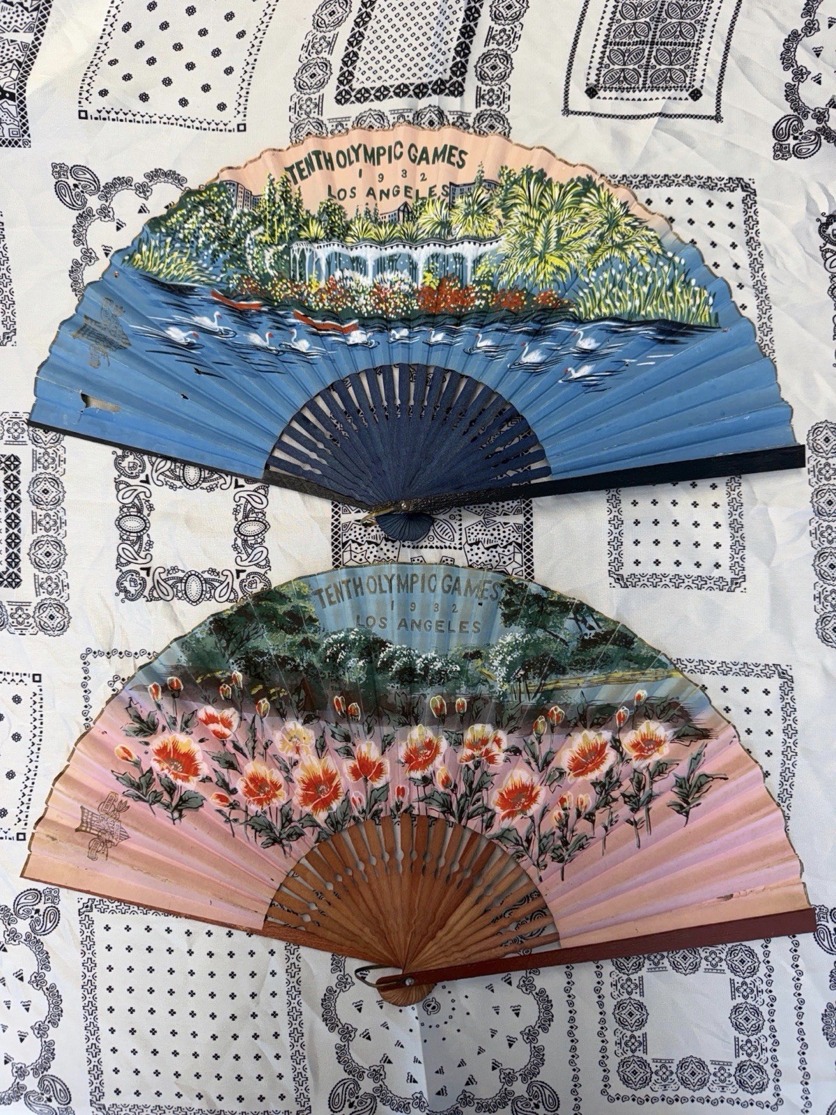 1932 Los Angeles Olympics Games Souvenir Folding Paper Hand Fan Lot Of 2 Antique