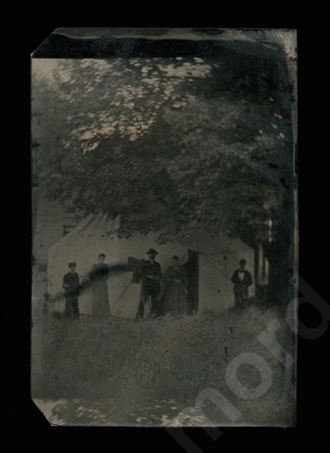 Rare Scene Antique Tintype Photographer & Camera on Tripod Outside Tent Studio Rare Scene Antique Tintype Photographer & Camera on Tripod Outside Tent Studio