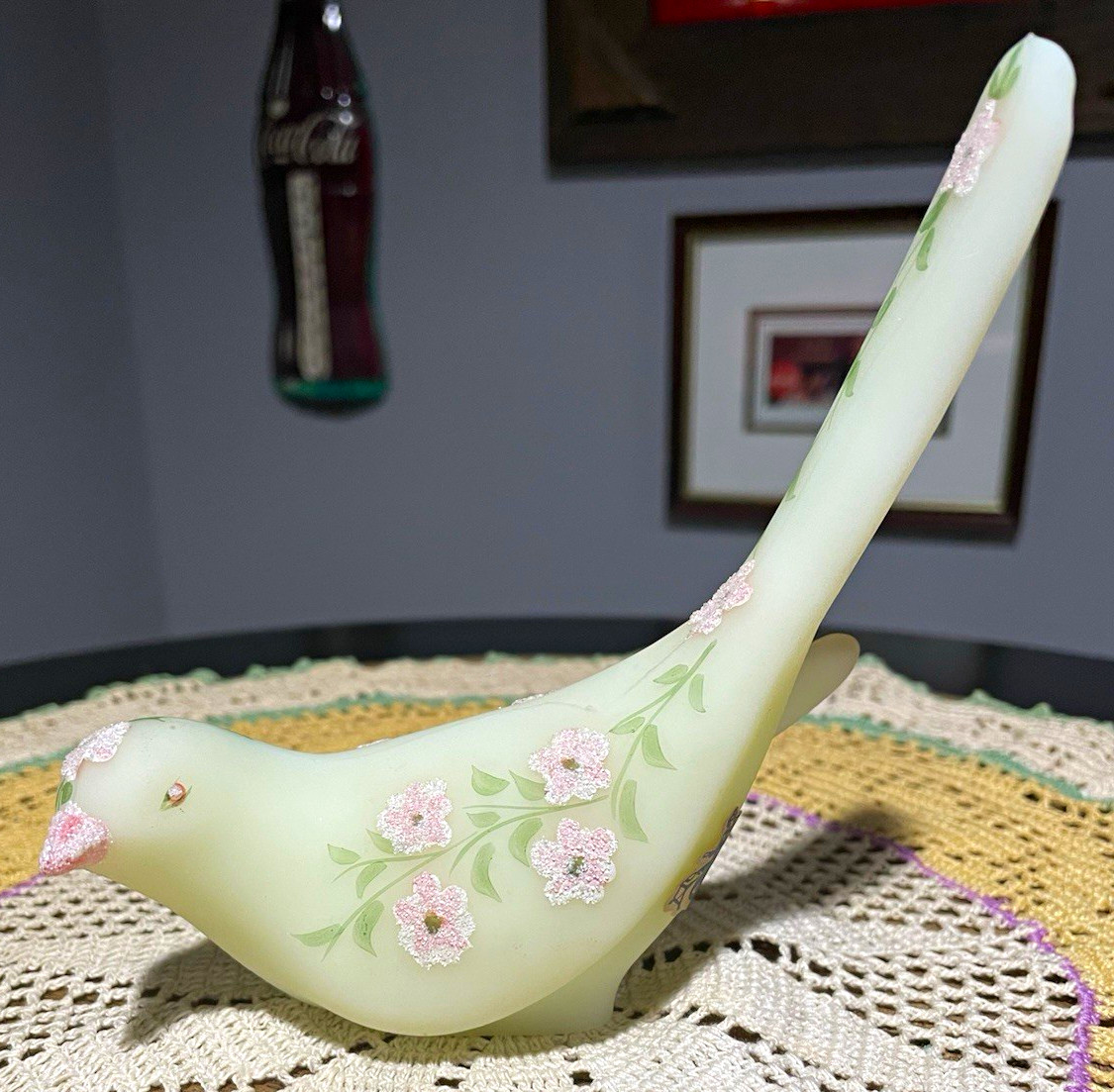 Vintage Fenton Glass Sugared Pink Blossom Uranium Glowing Bird of Happiness