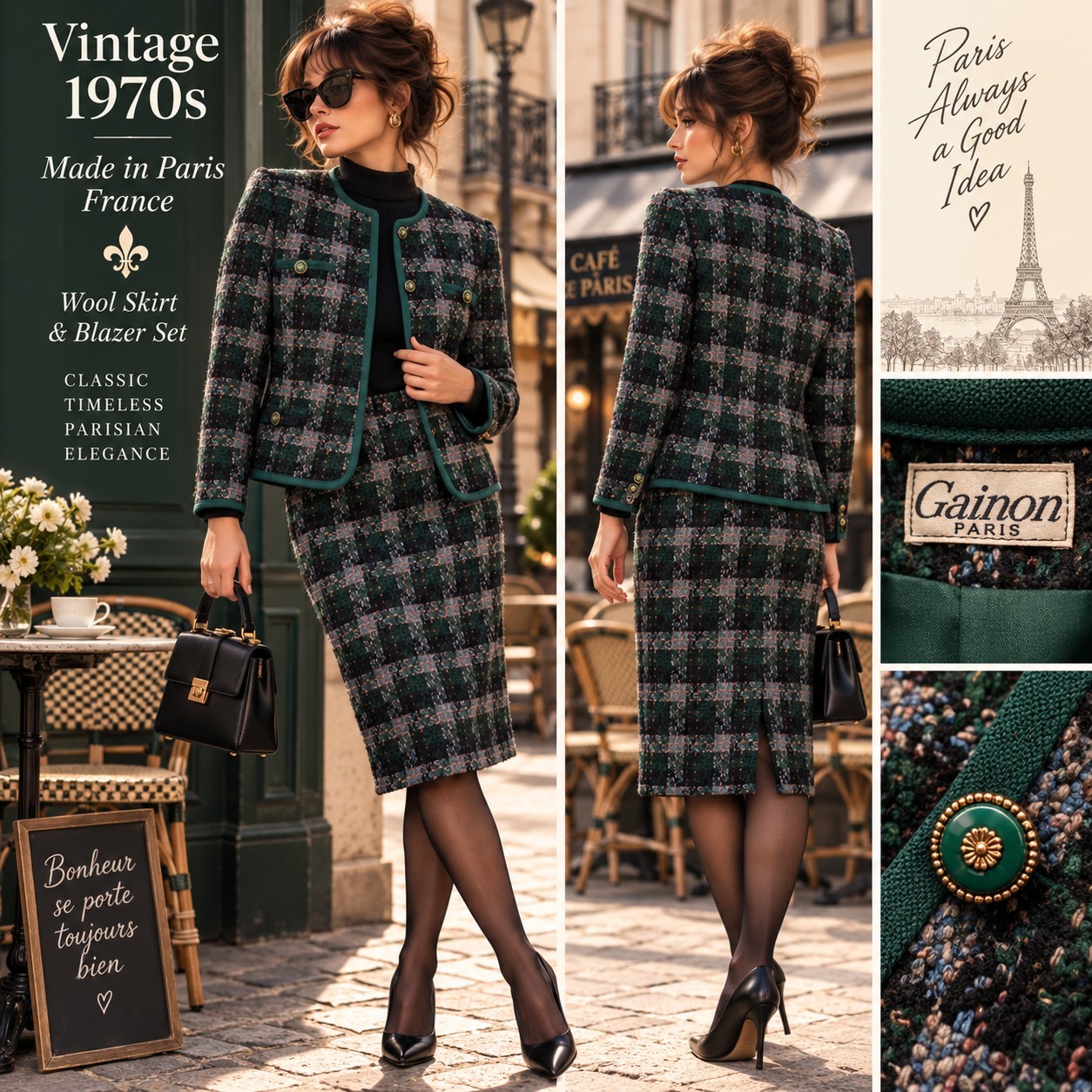 1970s French Wool Skirt Suit – Gainon Paris Green Plaid Blazer & Skirt Set