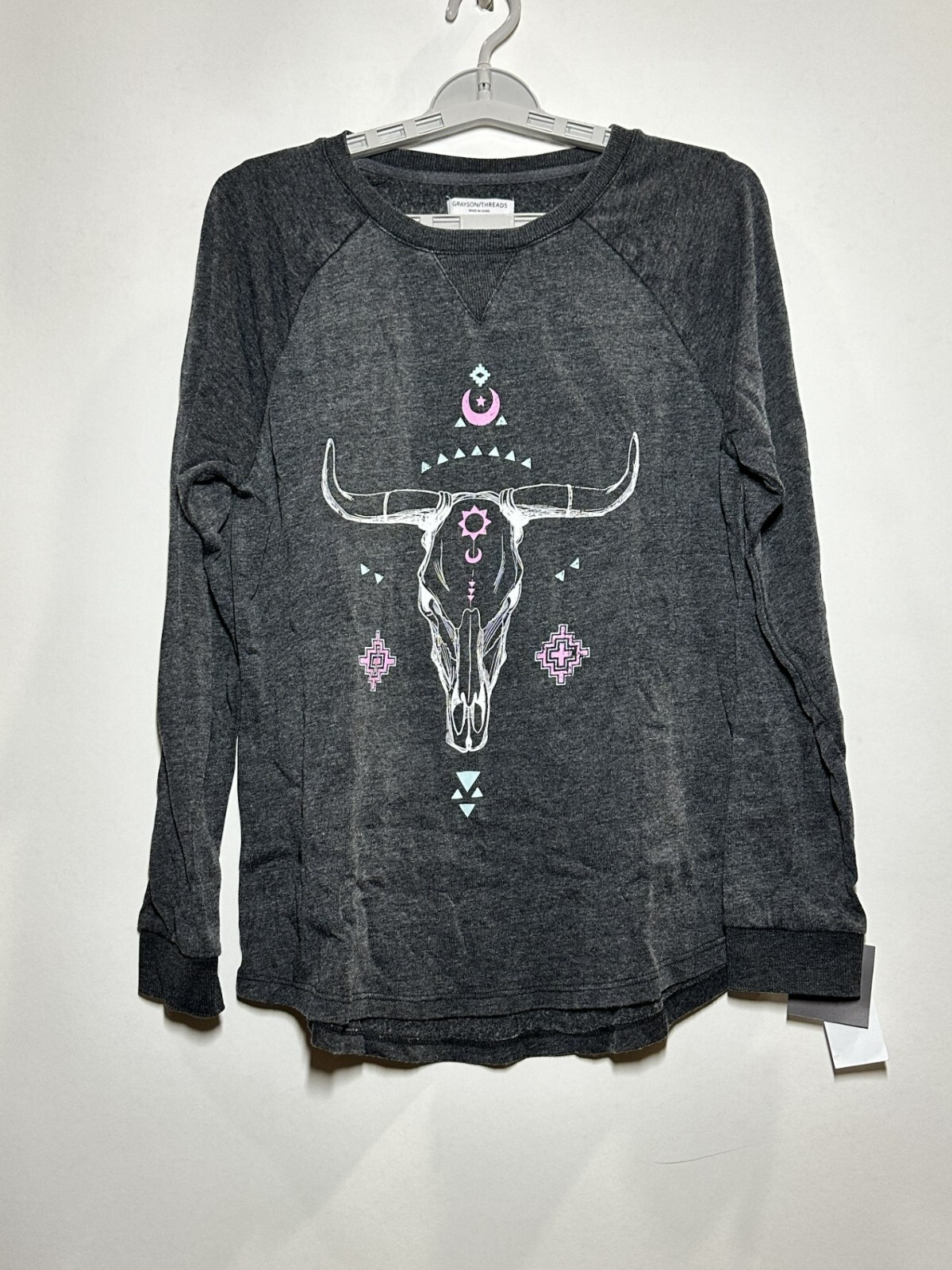 Juniors\' Cow Skull Graphic Sweatshirt - Grayson Threads, Grey, Small