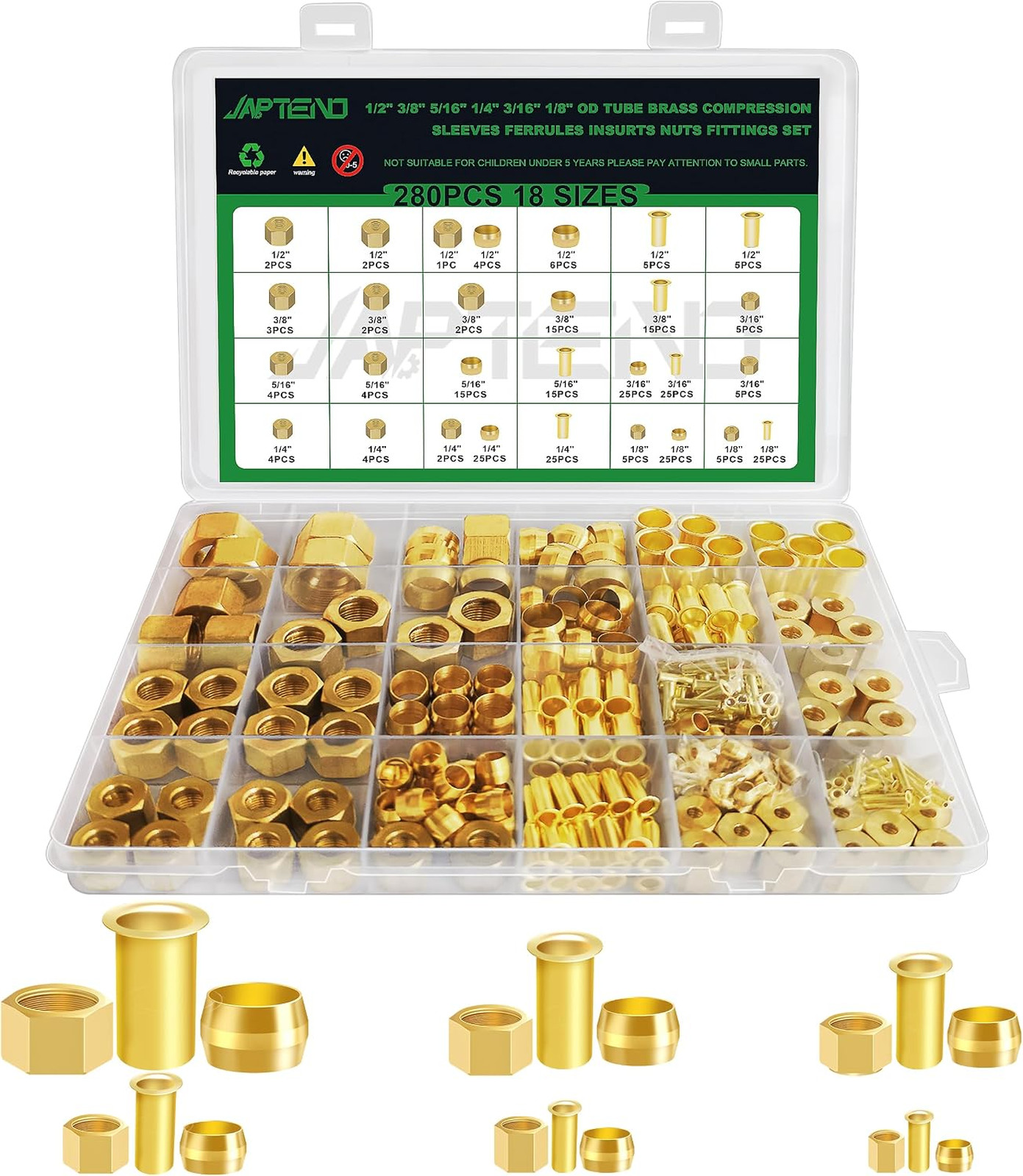 280pcs Brass Compression Sleeves Ferrules Inserts Nuts Fittings Kit