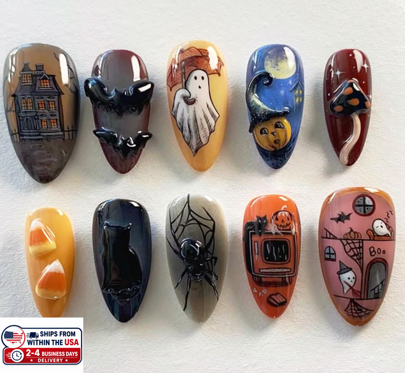 30pcs Halloween Press on Nails Medium Almond Fake Nails with 3D Spider Bat