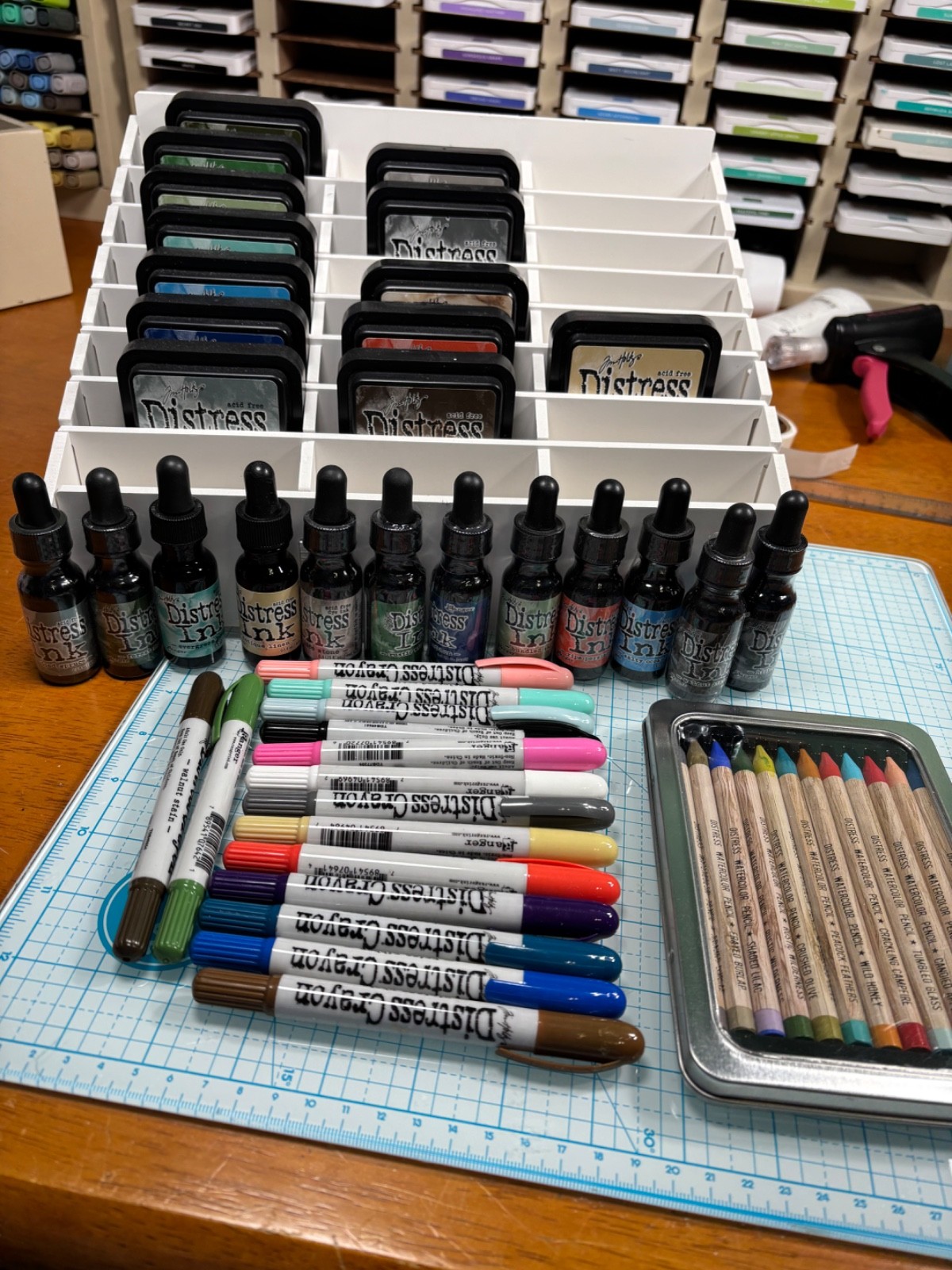 Ranger Tim Holtz Distress ink pads, Reinker, crayons, watercolors and pad holder