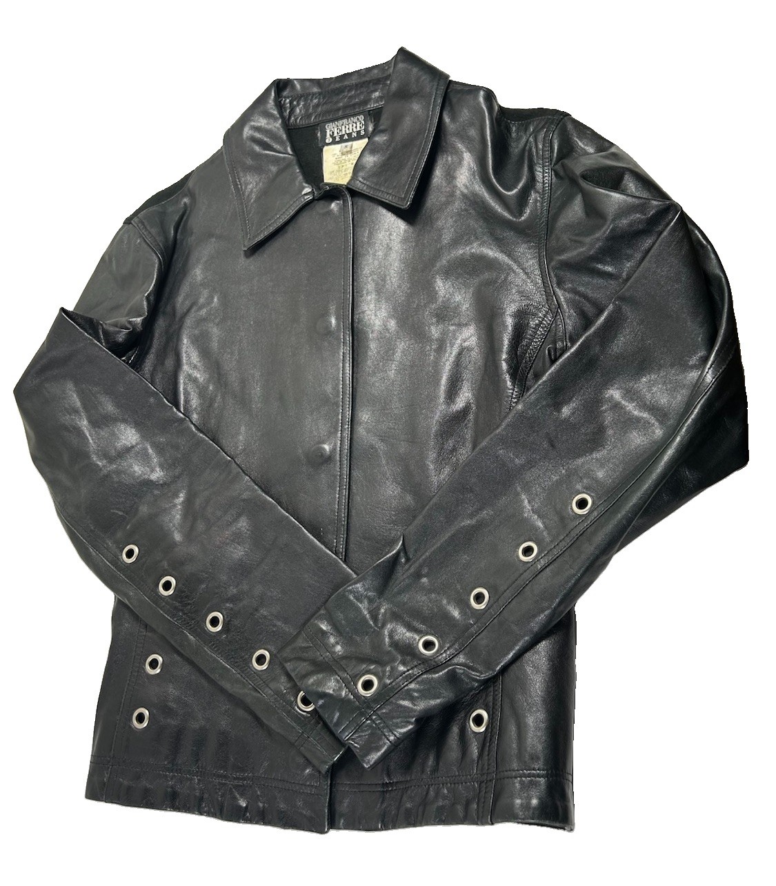 VTG GIANFRANCO FERRE Jeans Black Leather Grommet Jacket Size S Made In Italy 