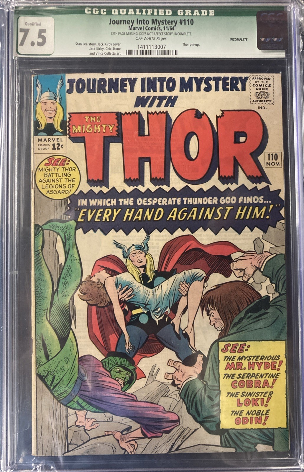Journey Into Mystery #110 CGC 7.5 Incomplete   (1964) Marvel Comics Thor