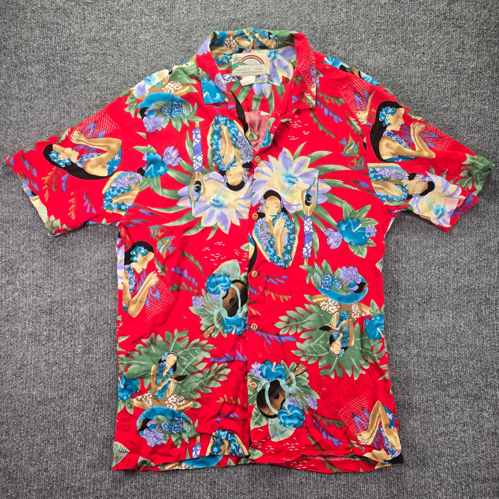 Vintage Paradise Found Hawaiian Shirt Mens Large Red Hawaii Music Girl Hula Vintage Paradise Found Hawaiian Shirt Mens Large Red Hawaii Music Girl Hula