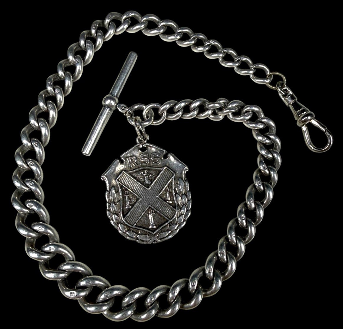 Antique British Sterling Silver Watch Albert Chain HEAVY 66.7 Gr Lighthouse Fob