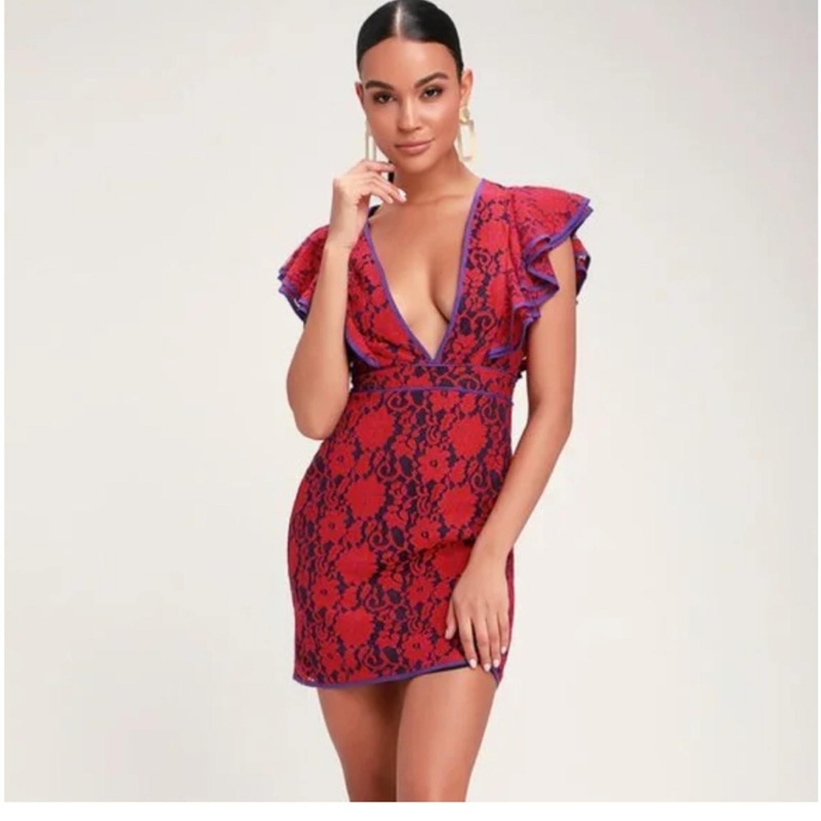 Lulu’s Purple and Red Lace Ruffle Mini Dress NWT Lulu’s Purple and Red Lace Ruffle Mini Dress NWT