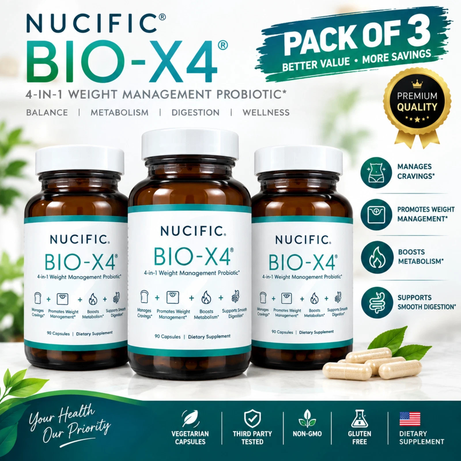 Nucific BIO-X4 Probiotic Dietary Supplement 90 Capsules Each 3 Pack New Sealed
