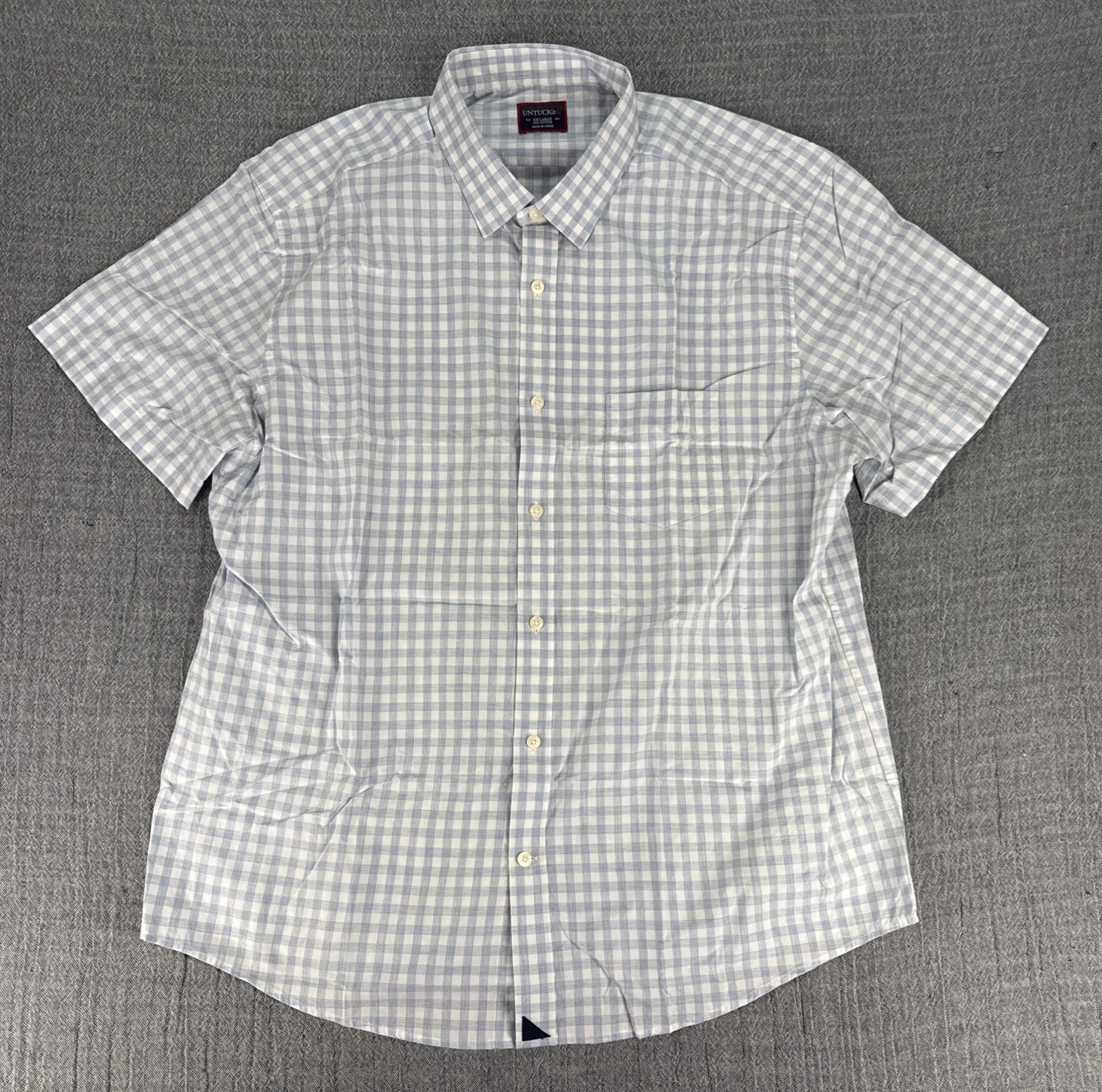 UNTUCKit Clarke Shirt Men\'s 2XL Reg Blue White Check Short Sleeve Button Up NEW
