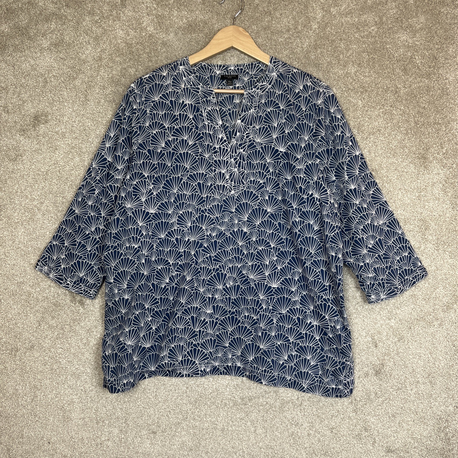 Talbots Tunic Womens Extra Large Petite Blue White Cotton 3/4 Sleeve- 5297