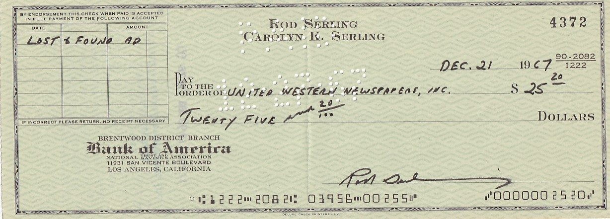 Rod Serling-Signed 1967 Bank Check (\