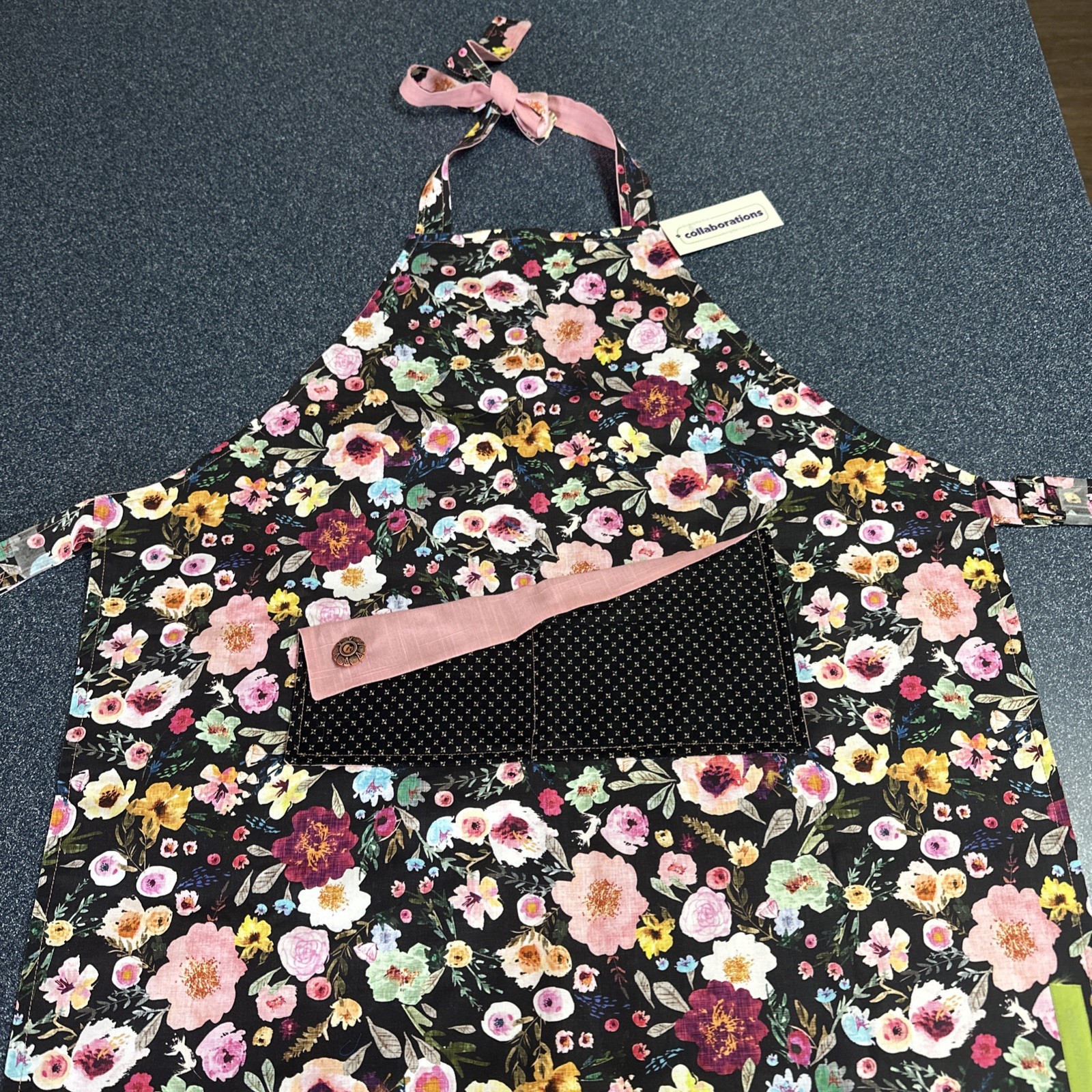 Handmade Kids Black Floral Apron Pink Accent Pockets Adjustable Neck Handmade Kids Black Floral Apron Pink Accent Pockets Adjustable Neck