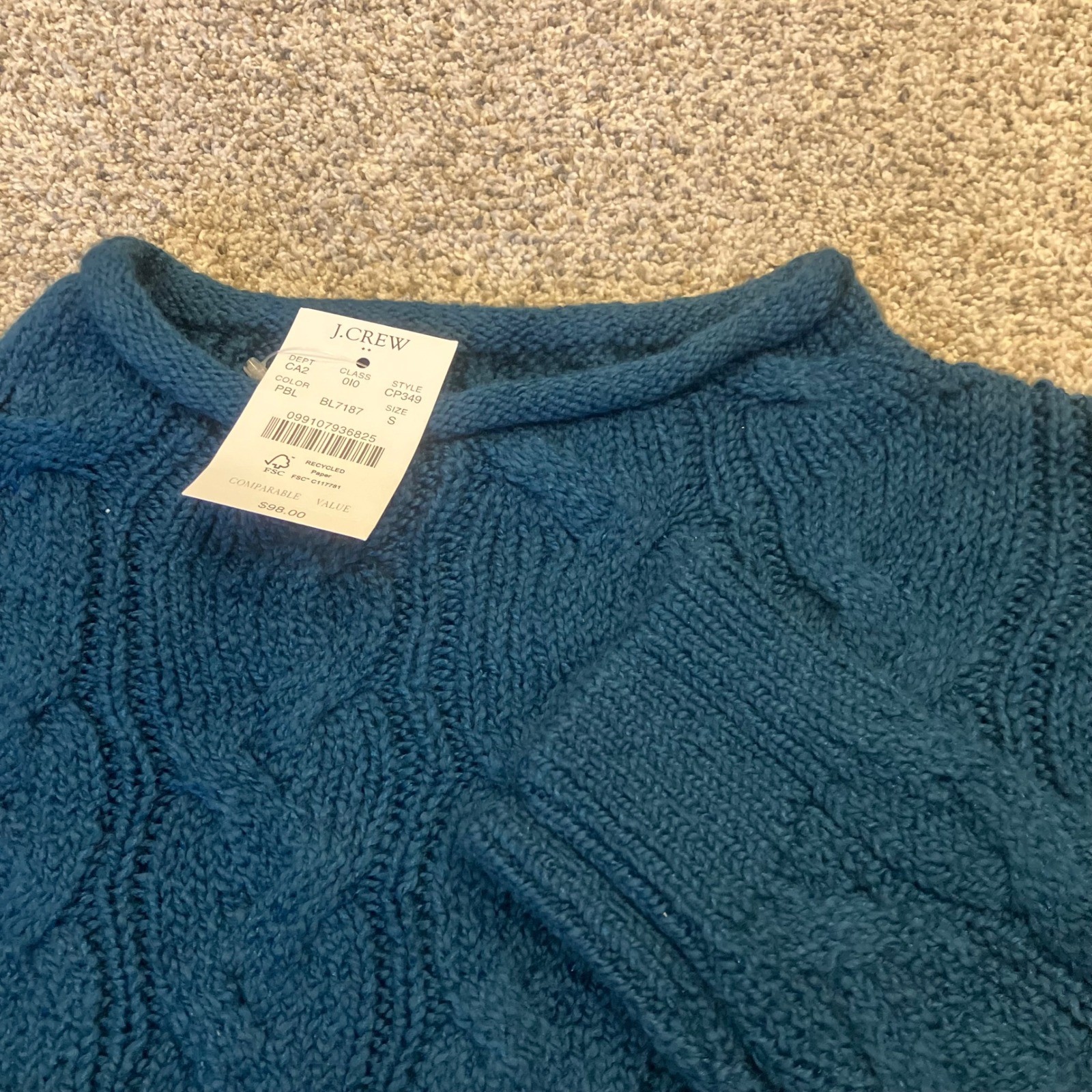 J.Crew Women Teal Blue Cable Knit Mock Roll Neck Sweater CP349 Size S New Preppy
