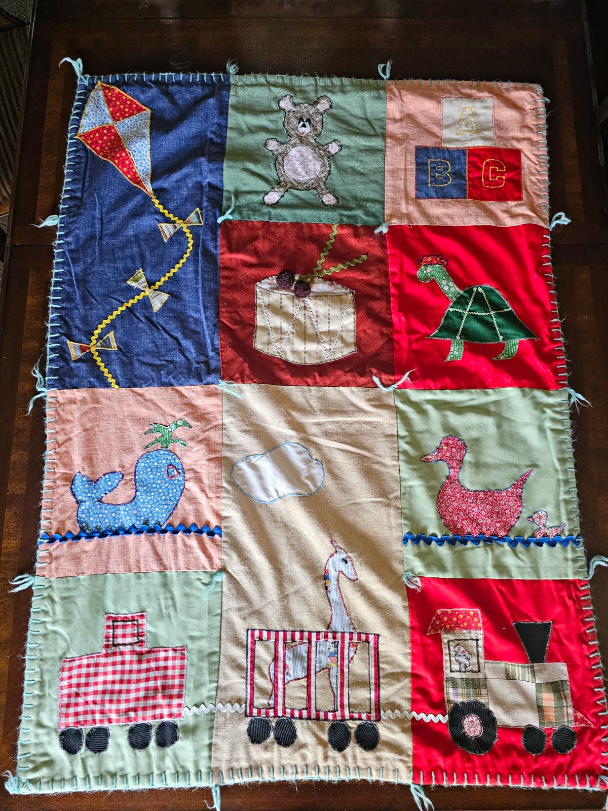 Vintage Handmade Applique Baby Crib Quilt Blanket Circus Train Animals 44\