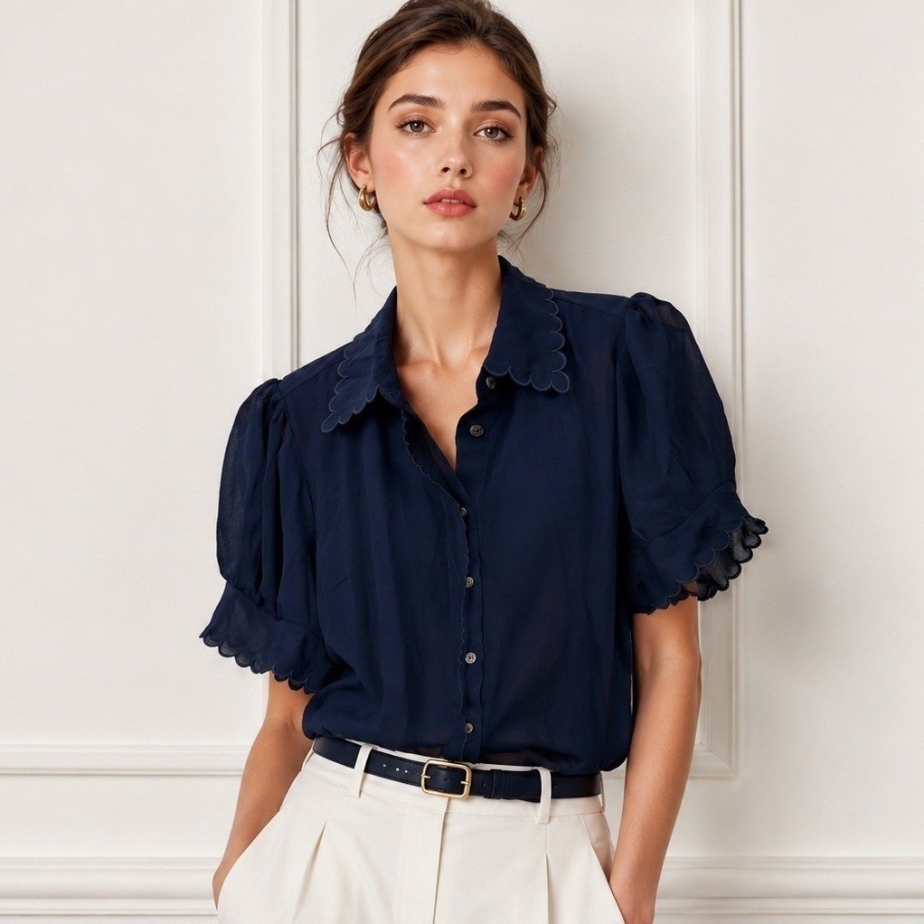CeCe Mistee Navy Blue Scalloped Puff Sleeve Button Down Blouse NWT Size M