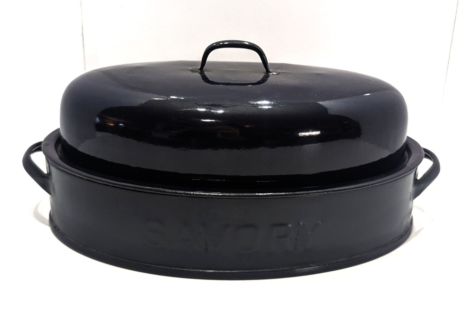 Savory Jr Double Walled Roaster w Lid  Blue Enamel Tiny White Dots 14.5\