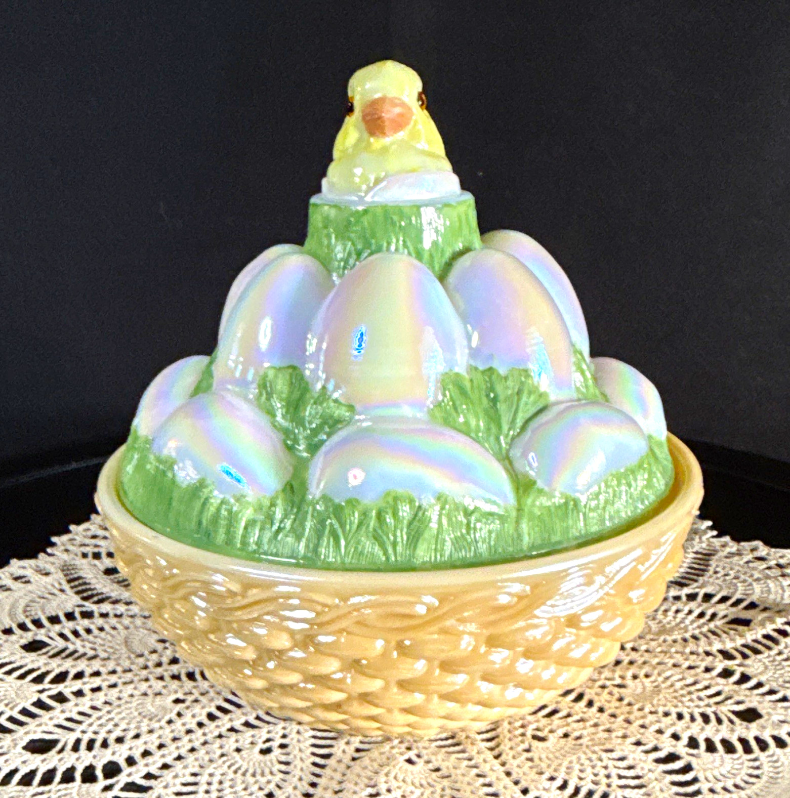 Westmoreland iridescent hand painted Chick on Egg Pile Covered Basket 2-Piece