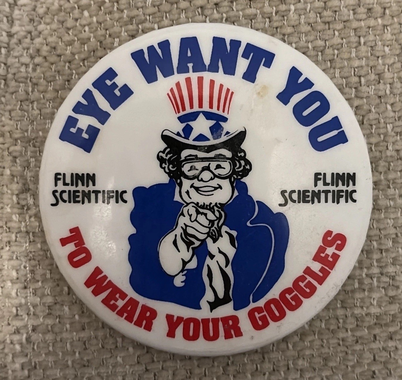 Vintage Flynn Scientific Wear Your Goggles Uncle Sam Science Pinback Pin Button Vintage Flynn Scientific Wear Your Goggles Uncle Sam Science Pinback Pin Button