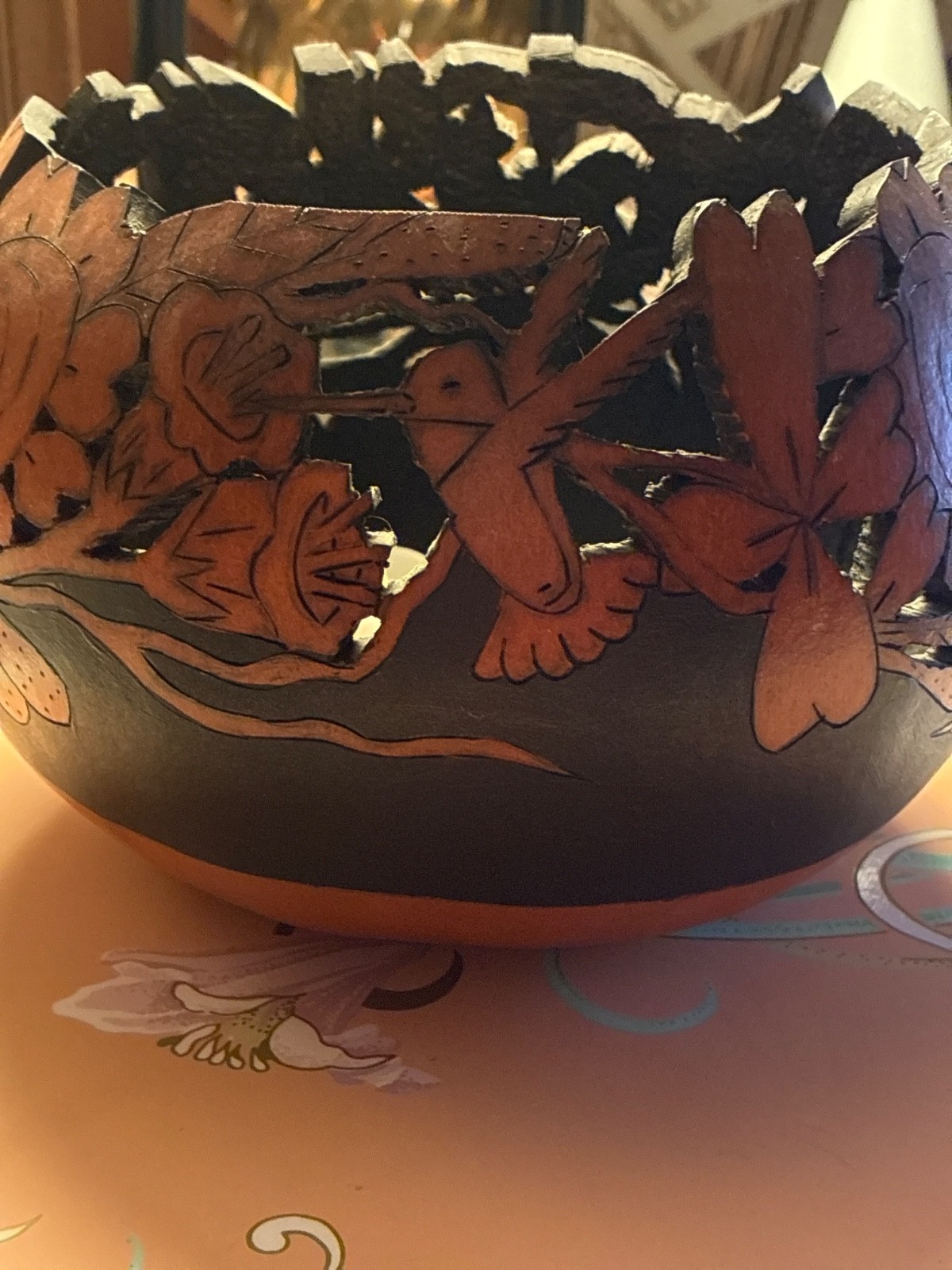 Vintage Hand Carved Gourd Bowl Floral Pyrography Wood Burned Folk Art Decorative Vintage Hand Carved Gourd Bowl Floral Pyrography Wood Burned Folk Art Decorative