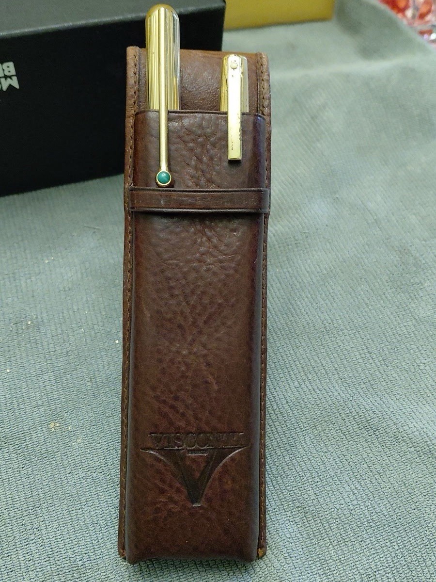 Vintage Visconti Italian Brown Leather 2 Pen Case Pouch Holder - Made In Italy