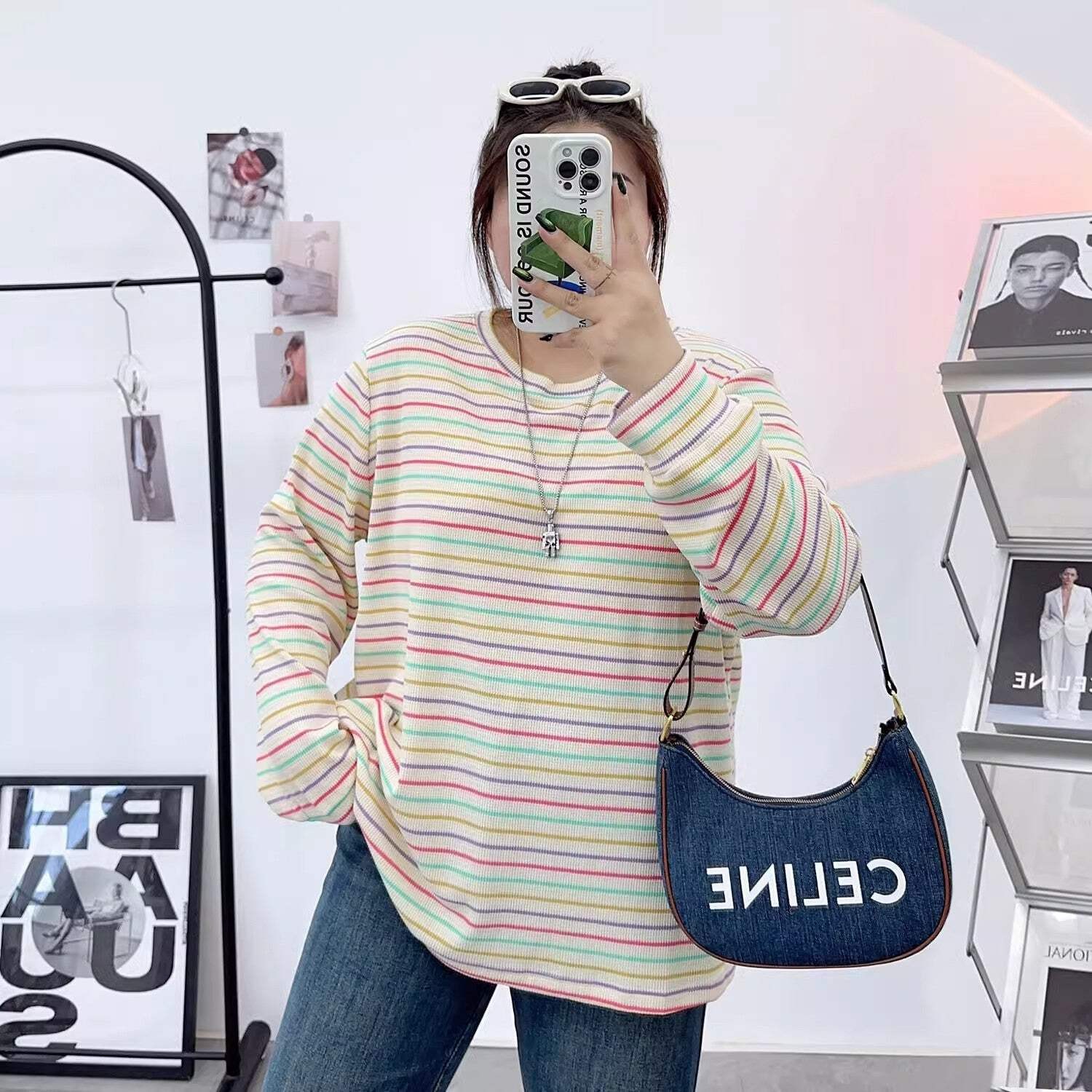 Early Autumn Large Size Retro Rainbow Stripesd Right Shoulder Long-Sleeved T-Shi