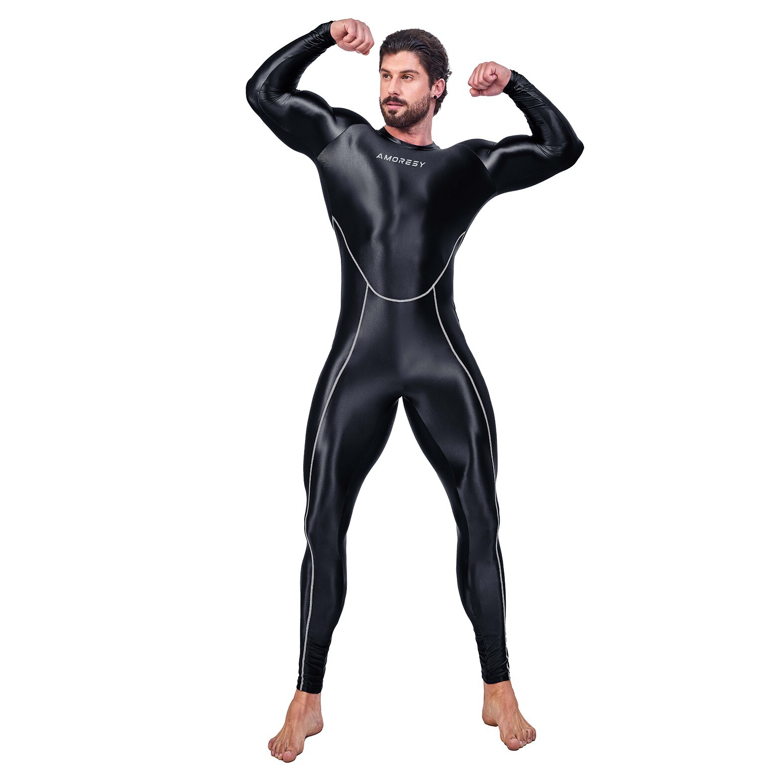 AMORESY Men's Shiny Glossy Bodysuit Jupsuits Fitness Overalls Sportswear Tights