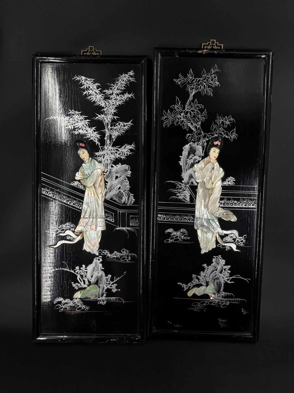 Vintage Asian Mother of Pearl Inlay Wall Panels Ladies Black Lacquer Pair 25\