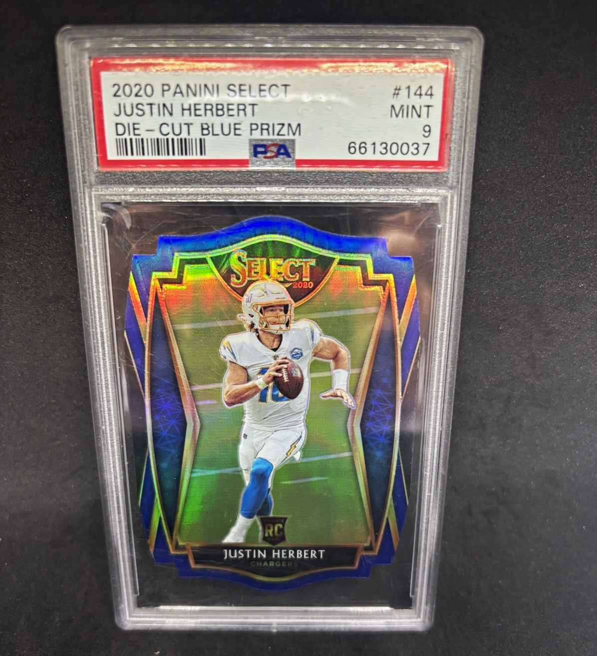 2020 Panini Select Premier Level Justin Herbert RC #144 Blue Prizm Die-Cut PSA 9