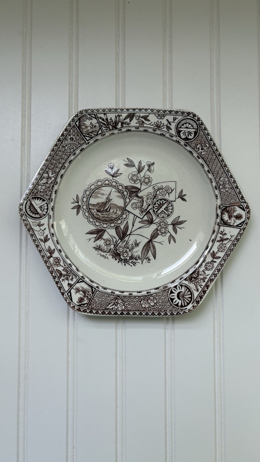 Antique T Hughes Sitka Pattern Brown Aesthetic Transferware Hexagonal Plate 9”
