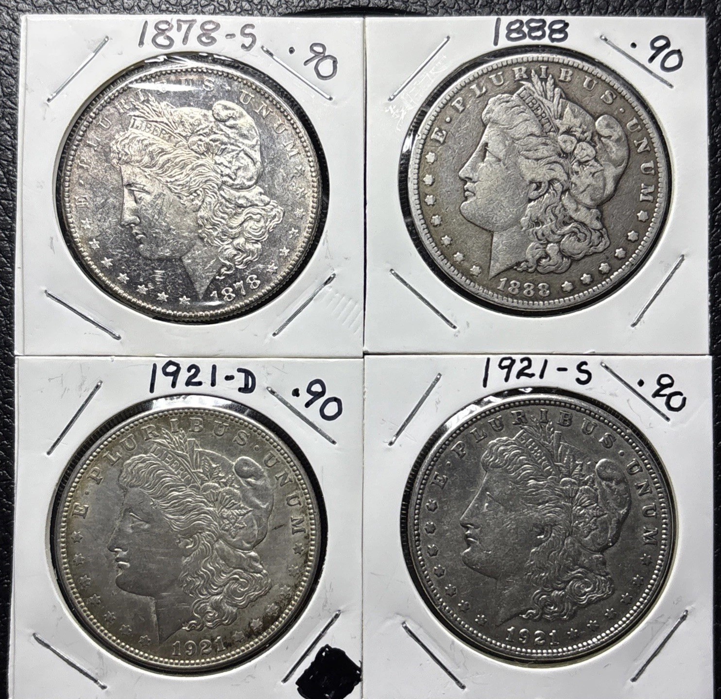 4 Morgan Silver Dollar Lot 1878-S 1888 1921-D 1921-S 90% Silver Actual Coins