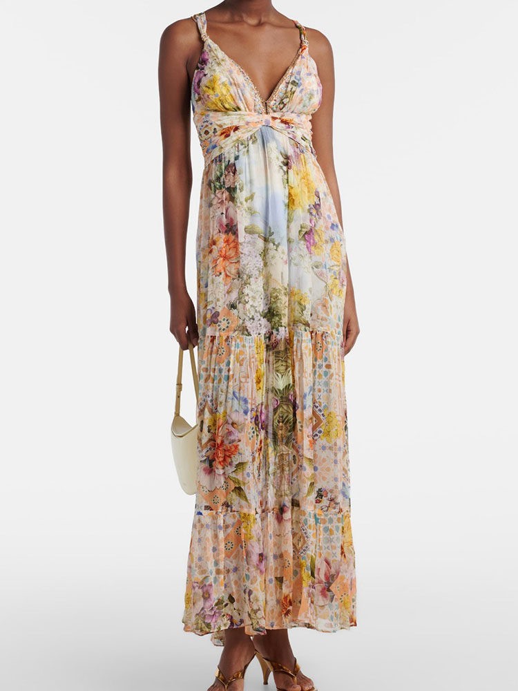 Camilla V‑Neck Silk Printed Women Dress