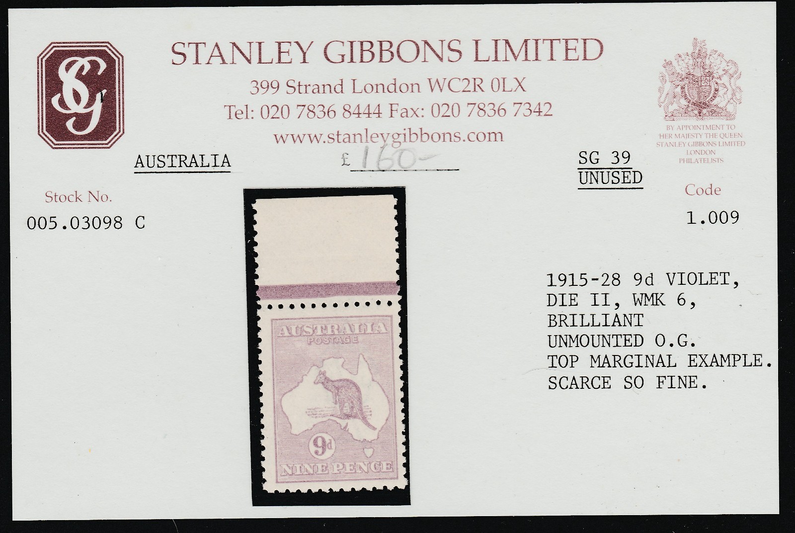 1915 KANGAROO THIRD WMK 9d VIOLET DIE 2 \