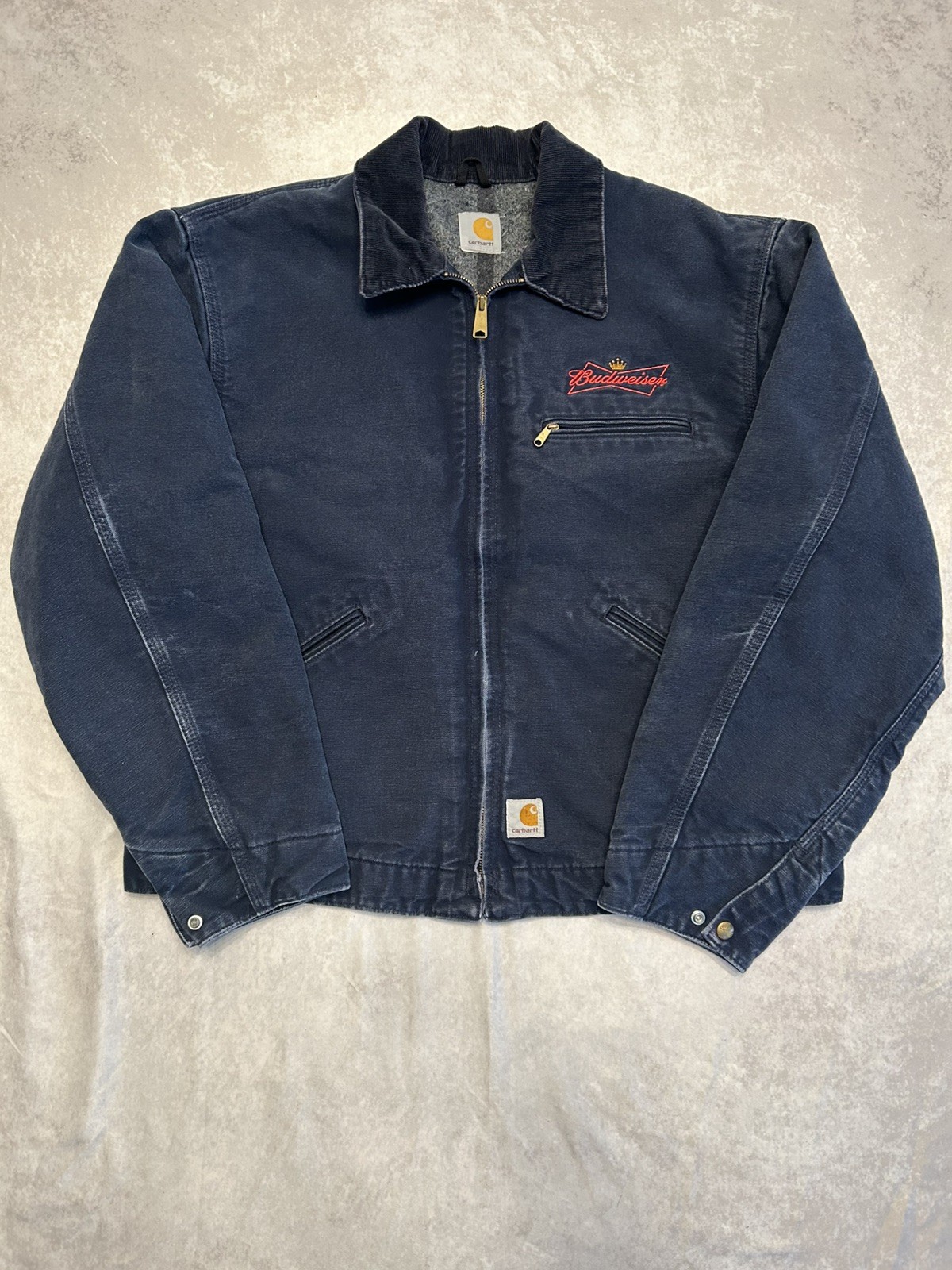 Vintage 90s Budweiser Beer Carhartt Dark Blue Blanket Lined Detroit Jacket XL 