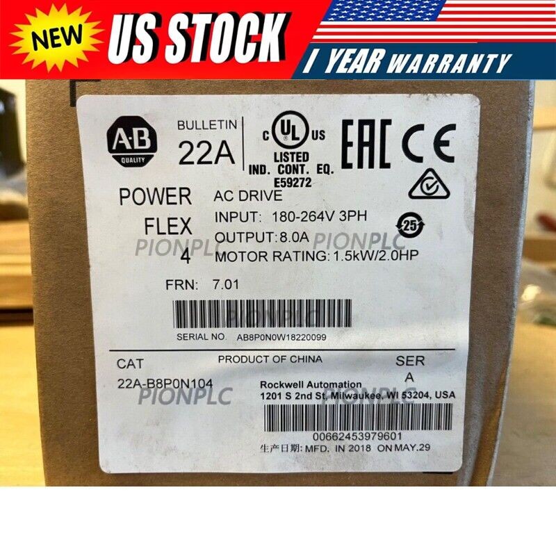 Allen-Bradley 22A-B8P0N104 PowerFlex 4 1.5 kW (2 Hp) AC Drive US Free Tax Allen-Bradley 22A-B8P0N104 PowerFlex 4 1.5 kW (2 Hp) AC Drive US Free Tax