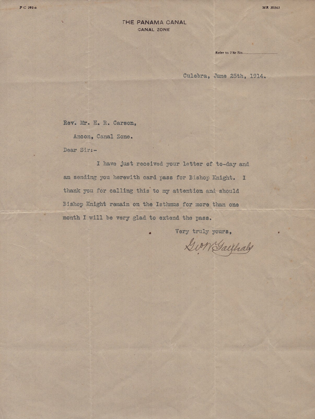GEORGE W. GOETHALS - TYPED LETTER SIGNED 06/25/1914