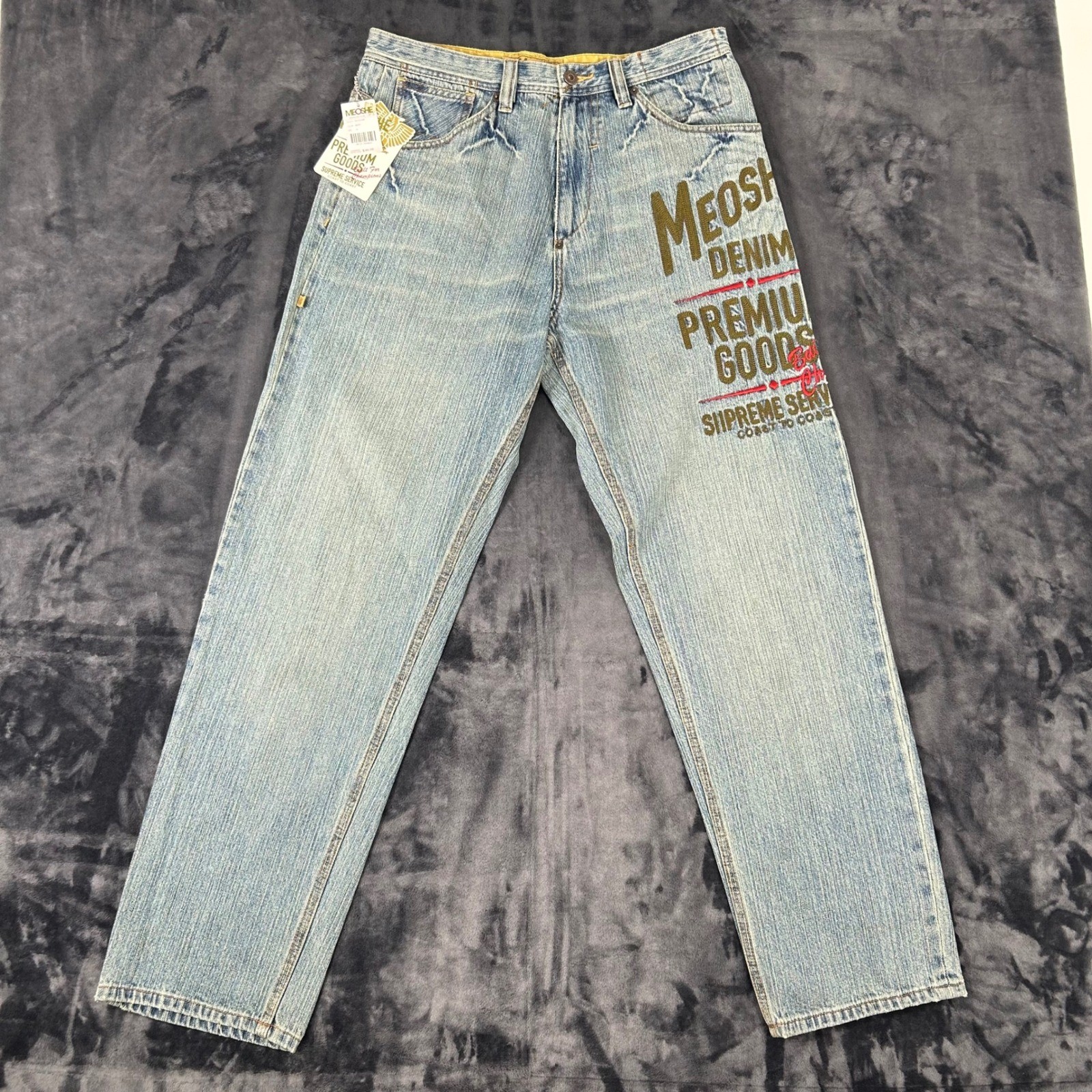 NWT Meoshe Denim Jeans Mens 32 Blue Graphic Premium Goods Y2K Streetwear NWT Meoshe Denim Jeans Mens 32 Blue Graphic Premium Goods Y2K Streetwear