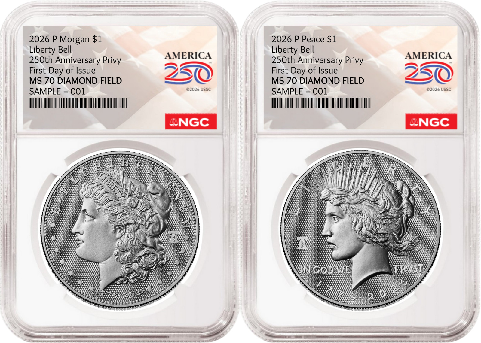 2 Coin Set 2026 Morgan Peace Diamond Field 250 Privy NGC MS70 FDOI Flag Presale