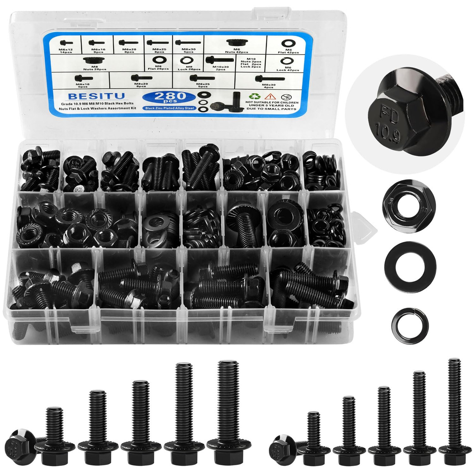 280Pcs Metric Flange Bolt Assortment, M6x1.0, M8x1.25, M10x1.5 (12mm to 30mm