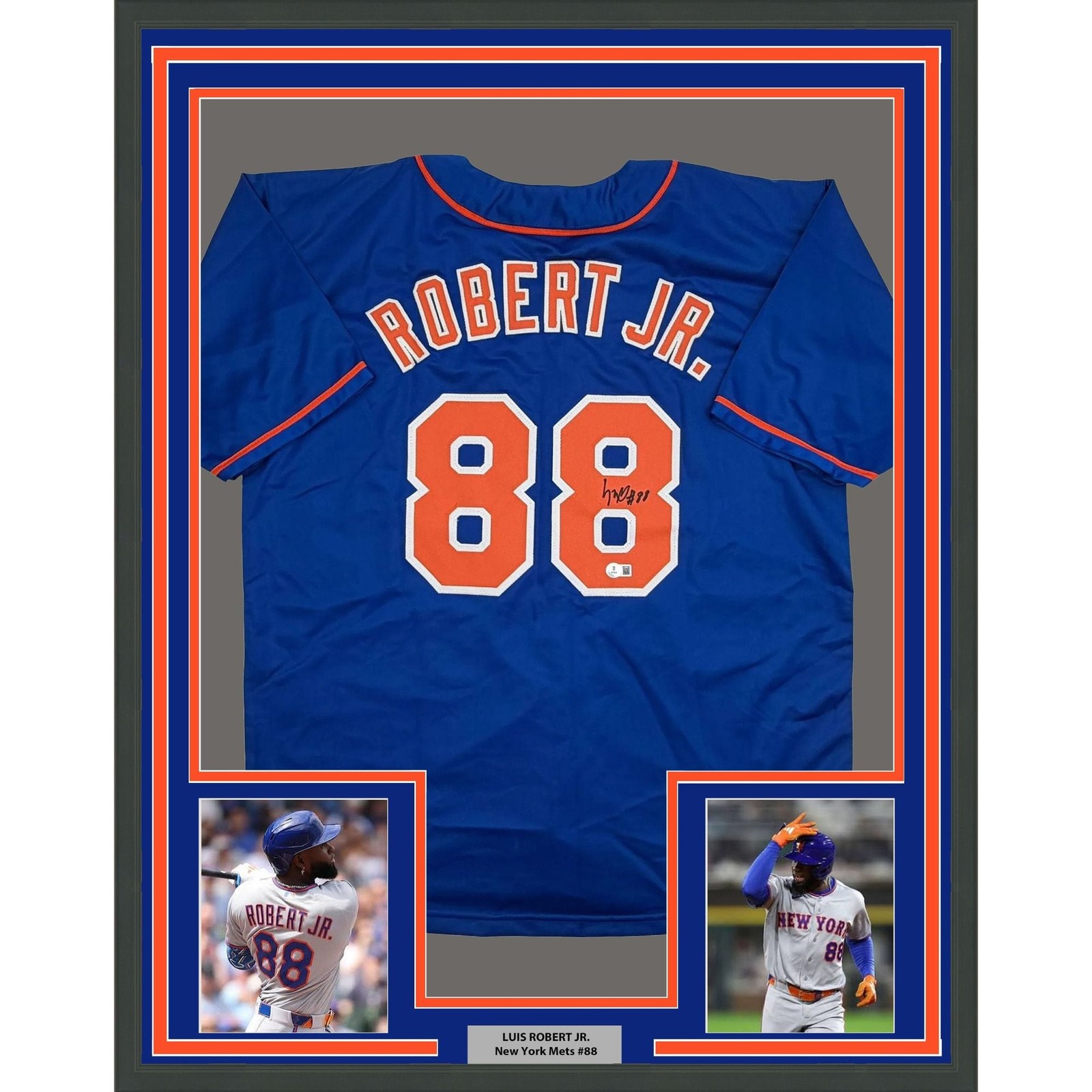 Framed Autographed/Signed Luis Robert 35x39 New York Blue Jersey BAS COA